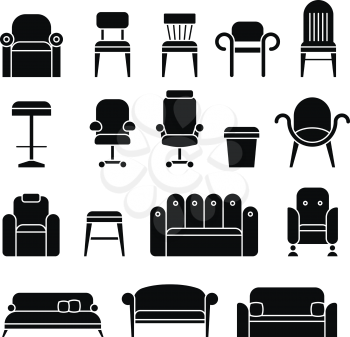 Office hair, armchair, lounge, comfortable sofa, couch furniture vector icons. Set of furniture black silhouettes