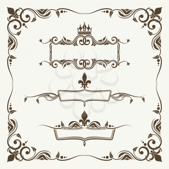 Royal crowns and fleur de lys ornate frames. Decoration curled frame and elements victorian, vector illustration
