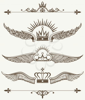Set of royal winged crowns design elements. Nobility antique frame. Vector illustration