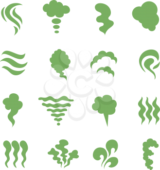 Smell icons. Steaming stench, vapor and cooking steam. Green expired food odor isolated symbols. Green smell smoky, aroma mist and shitty toxic illustration
