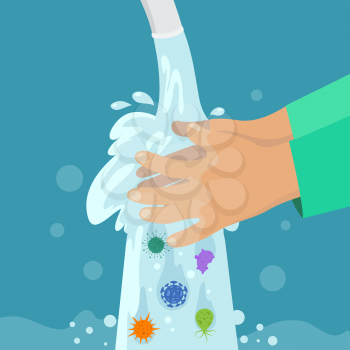 Kid washing hands. Clean hand without germs and bacterias under faucet. Childrens handwashing, virus protection vector concept. Illustration of hand wash water, care health and hygiene prevention