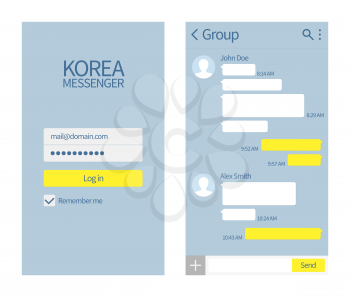 Korean messenger. Kakao talk interface with chat boxes and icons vector message template. Illustration of message phone, application kakaotalk
