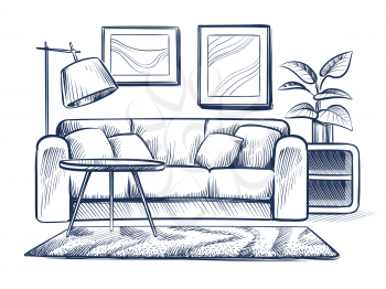 Sketch living room. Doodle house interior with couch, lamp and picture frames. Freehand drawing home black and white vector interior. Illustration of sketch room with furniture interior