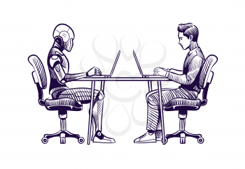 Robot vs man. Human humanoid robot work with laptops at desk. Artificial intelligence, employees replacement sketch vector concept. Illustration of robot vs man, human and ai technology