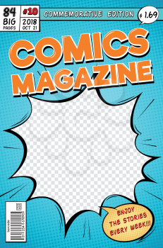 Comic book cover. Retro cartoon comics magazine. Vector template in pop art style. Magazine cartoon book, commemorative edition illustration