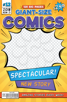 Comic book cover. Vintage comics magazine layout. Cartoon title page vector template. Comic book anf front page magazine illustration