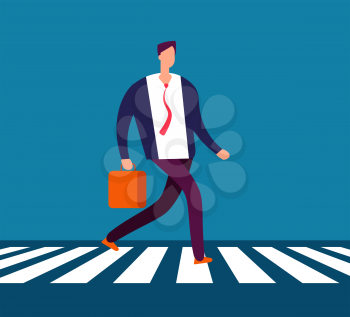 Businessman walking crosswalk. Man in suit going to office crossing street. Business vector concept. Illustration of businessman going crosswalk