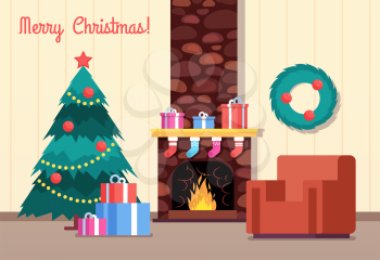 Christmas tree and fireplace. Living room with gifts on fireplace. Happy new year and winter holiday vector cartoon greeting card. Illustration of living room christmas with gift box and fireplace