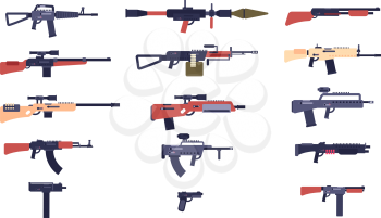Automatic guns. Battle game weapons. Pistol, shotgun and launcher, rifles. Cartoon vector gun collection of hotgun and handgun, military pistol and weapon illustration