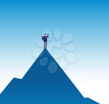 Business mission concept. Visionary on mountain peak with telescope. Success business vision vector poster. Illustration of businessman with binocular on top mountain peak
