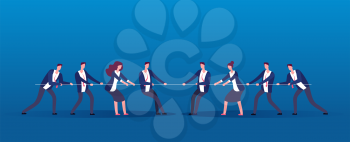 Team war. Business people rivals pulling rope. Competition, conflict in office vector concept. Illustration of people conflict in business team