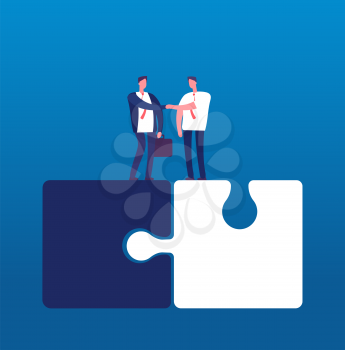Businessmen with puzzle. Man handshaking on huge puzzles. Partnership cooperation and success teamwork vector business concept. Teamwork and puzzle partnership, handshake and cooperation illustration