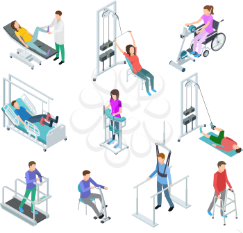 Physiotherapy rehabilitation equipment. Patients and nursing staff in rehabilitation centre clinic. Isometric vector set. Rehabilitation equipment for patient care physiotherapy illustration