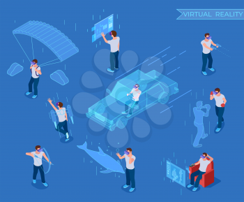 People in virtual reality. Man in headset, vr simulation equipment. 3d isometric vector characters virtual training. Illustration of vr device reality, experience and emotions