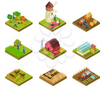 Isometric farm. Farmer tractor lorry and harvester. Livestock and agricultural green plants. 3d farmland vector set. Illustration of farm isometric, farmer 3d with barn and tractor