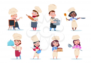 Cook kids. Cartoon chief children preparation meal. Cooking class vector set. Illustration of chief child, kids with food
