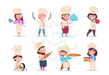 Chef kids. Little smiling boy and girl kitchen workers with dishes and cooking tools. Cartoon children cooks vector set. Illustration of chef girl and boy, kids with dish