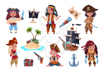 Pirate characters. Cartoon kids pirates, sailors and captain vector isolated set. Captain and sailor pirate, boy with sword and hook illustration