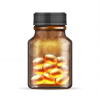 Realistic brown glass bottle with fish oil, omega 3 vitamin capsules isolated on white background. Glass bottle with fish oil tablet. Vector illustration