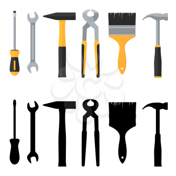 Repair and construction vector tools icons set. Illustration of repair tools, pliers and spanner, brush and hammer