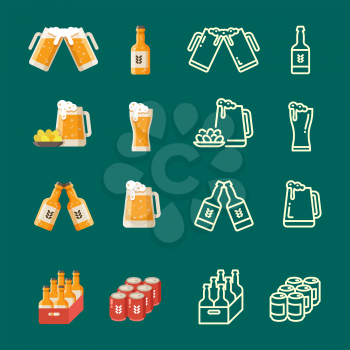Serving beer modern flat and line vector icons. Illustration of beverage drink beer bottle and bank outline