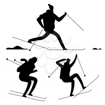 Skiing people black silhouettes isolated on white background. Vector ski silhouette sport people, illustration of athlete running and jumping on ski