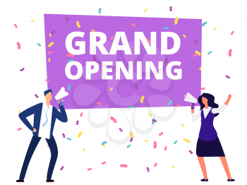 Woman and man with loudspeaker at grand opening banner and conffetti. Vector illustration. Grand opening promotion announcement