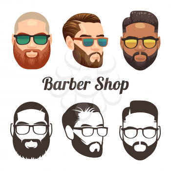 Barbershop cartoon and outline vector logos with stylish hipster men isolated on white illustration