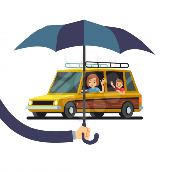 Car insurance vector concept with hand holding umbrella and cartoon character auto with woman and kid. Illustration of protection car umbrella