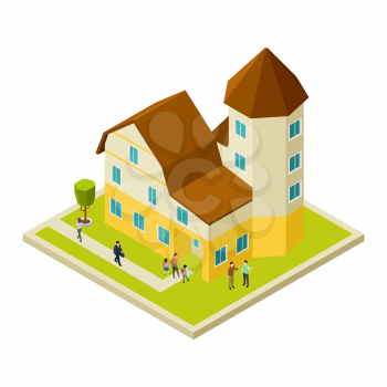 Condominium, apartment house isometric and people, neighbors vector concept illustration