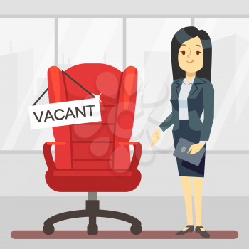 Cute cartoon character HR manager and empty boss chair. Employment, vacancy and hiring job vector concept. Illustration of manager hr headhunting to vacant place
