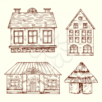 Different style hand drawn houses vector set. House with roof and window, architecture building home illustration