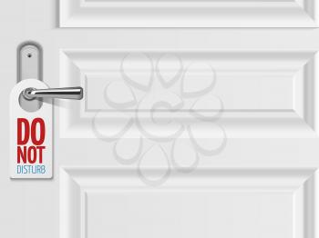 Do not disturb vector concept. White door background with realistic metallic door handle with plastic blank. Not disturb in hotel room, closed door illustration