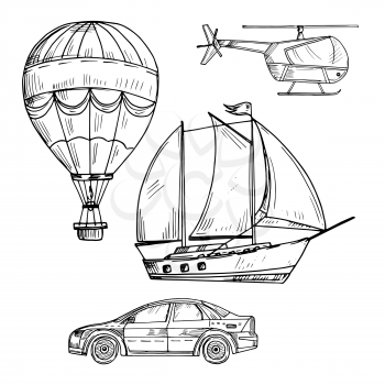 Doodle style drawing land, air and sea transport vector set illustration isolated on white