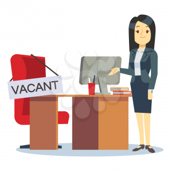 Employment, vacancy and hiring job vector concept. Cartoon character HR manager and office workplace. Illustration of manager hr welcome to vacant place