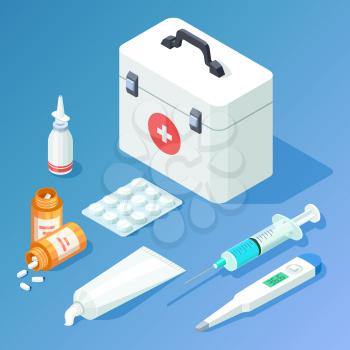 First aid kit medicament and tools isometric vector. Set of elements medicine illustration