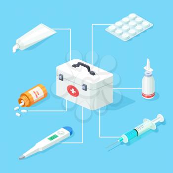 First aid kit tools vector isometric concept. Isometric first aid kit 3d for health care illustration
