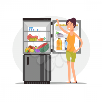Fitness cartoon girl thinking snacking at fridge with healthy food. Diet vector concept illustration