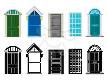 Front house doors flat and silhouette vector set isolated on white illustration