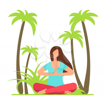 Girl meditation yoga on the nature. Palm tree, green bushes and cartoon character fitness woman illustration