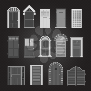 Grey front house doors of collection isolated on transparent background. Vector illustration