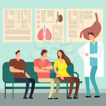 Healthcare vector concept - patients and doctor in hospital waiting room. Disabled people at doctors office. Illustration of patient waiting doctor, hospital corridor and lobby