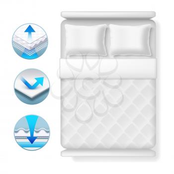 Info icons about bed mattress. Realistic white bed with pillows and blanket isolated on white background. Bed furniture mattress for sleep comfortable illustration