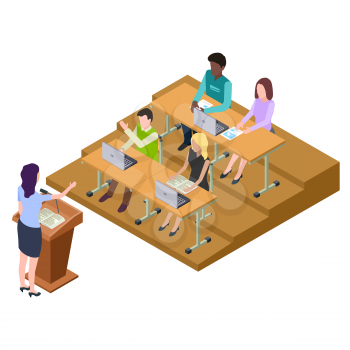 International students on lecture, seminar isometric vector illustration. Education and seminar isometric, student on lecture