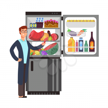 Man thinking snacking sausage at fridge with unhealthy food. People eating at night vector concept. Illustration of male hungry and refrigerator with food and drink