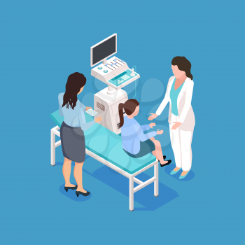 Medical examination of a child isometric vector illustration. Examination pediatrician, woman diagnostic and consultation
