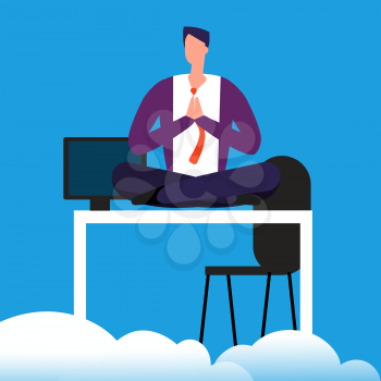 Meditation time on work. Man is meditating over the desk vector illustration. Office relax from work
