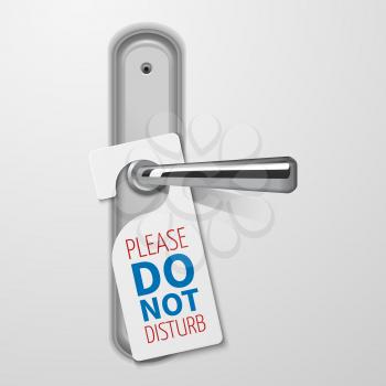 Metallic door handle with do not disturb white black vector. Hotel tag for door illustration