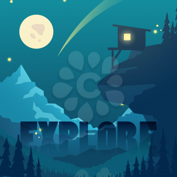 Night flat vector mountain landscape with moon, stars and mountain home silhouette. Landscape outdoor, house on mountain on moon light illustration