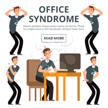 Office syndrome symptoms of set vector illustration. Syndrome body pain exercise